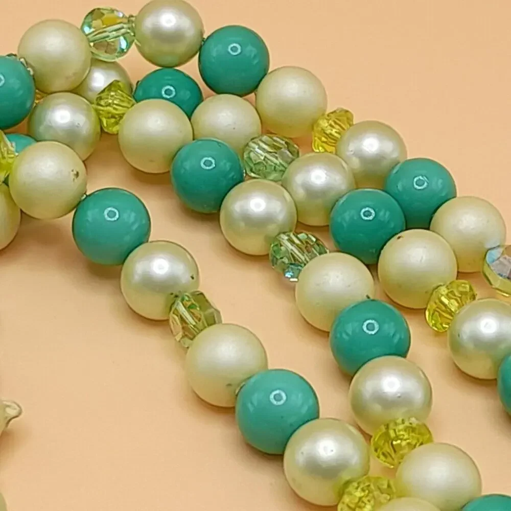 Vintage Green White Bead Necklace, Four Strands, AB Crystal Aspirin Beads, 16 In